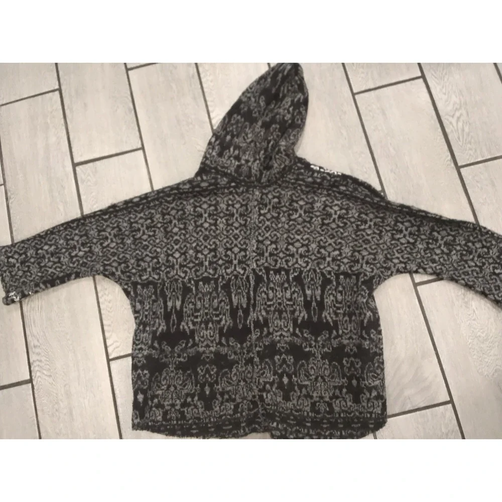 Free People Hooded Intarsia Knit Sweater Grey Black Wool Alpaca Blend Boho S